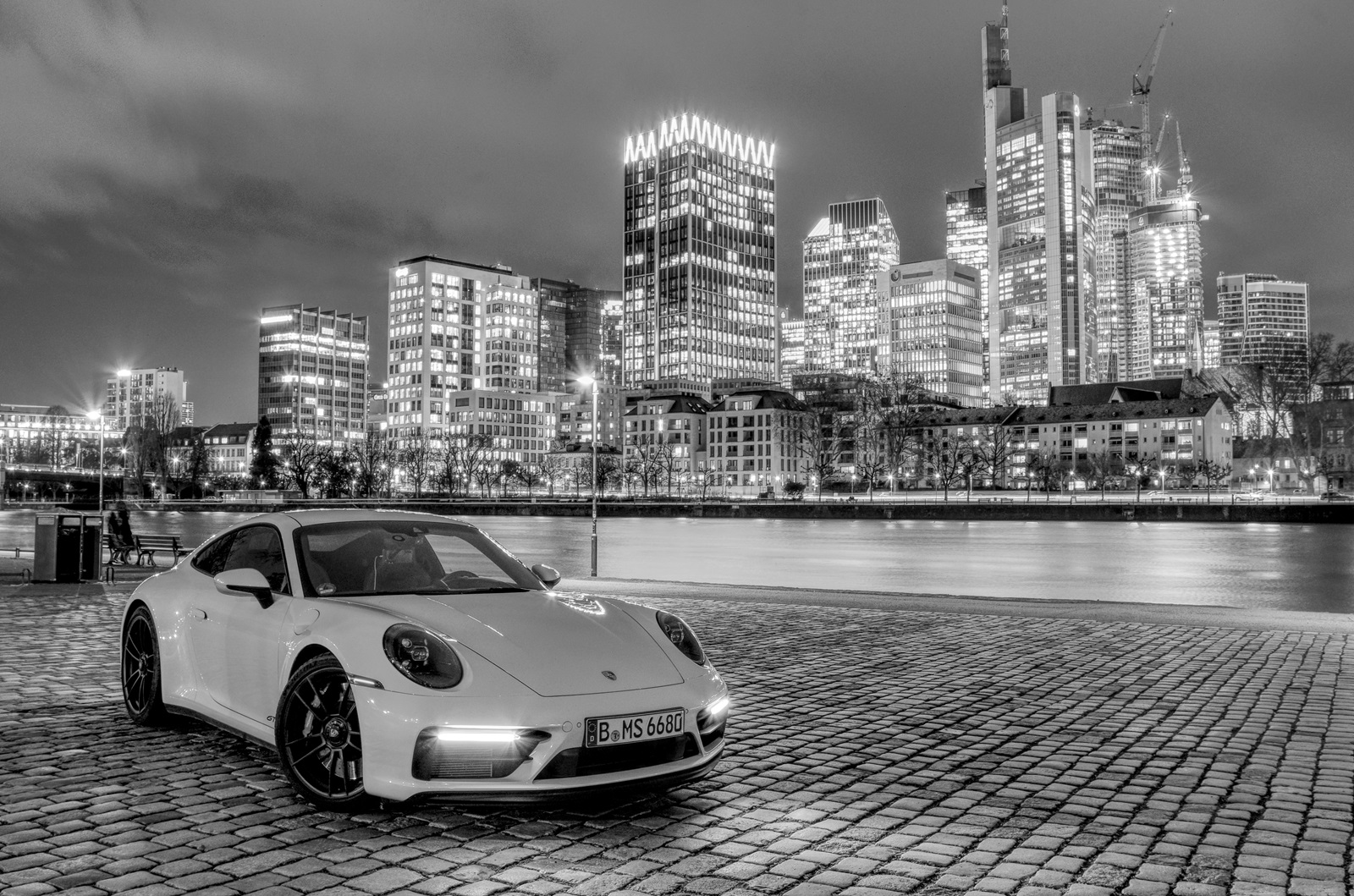 Porsche Carrera 911 992 4 GTS and the Skyline of Frankfurt am Main